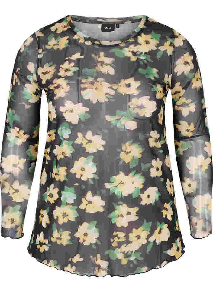 Tætsiddende mesh bluse med blomstermønster, Yellow Green AOP, Packshot image number 0