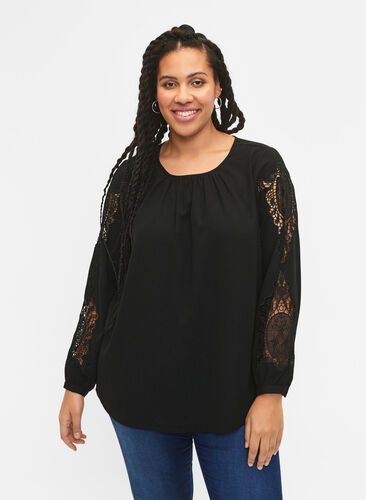 Langærmet bluse med crochet detaljer, Black, Model image number 0