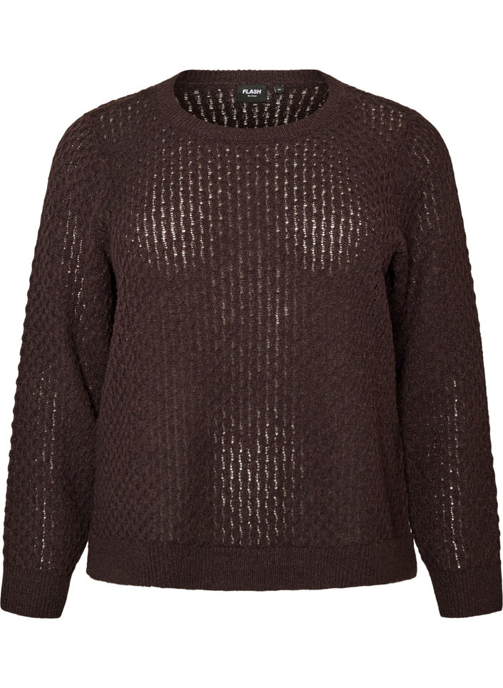Strikbluse med struktureret hulm&oslash;nster, Brun, Packshot image number 0
