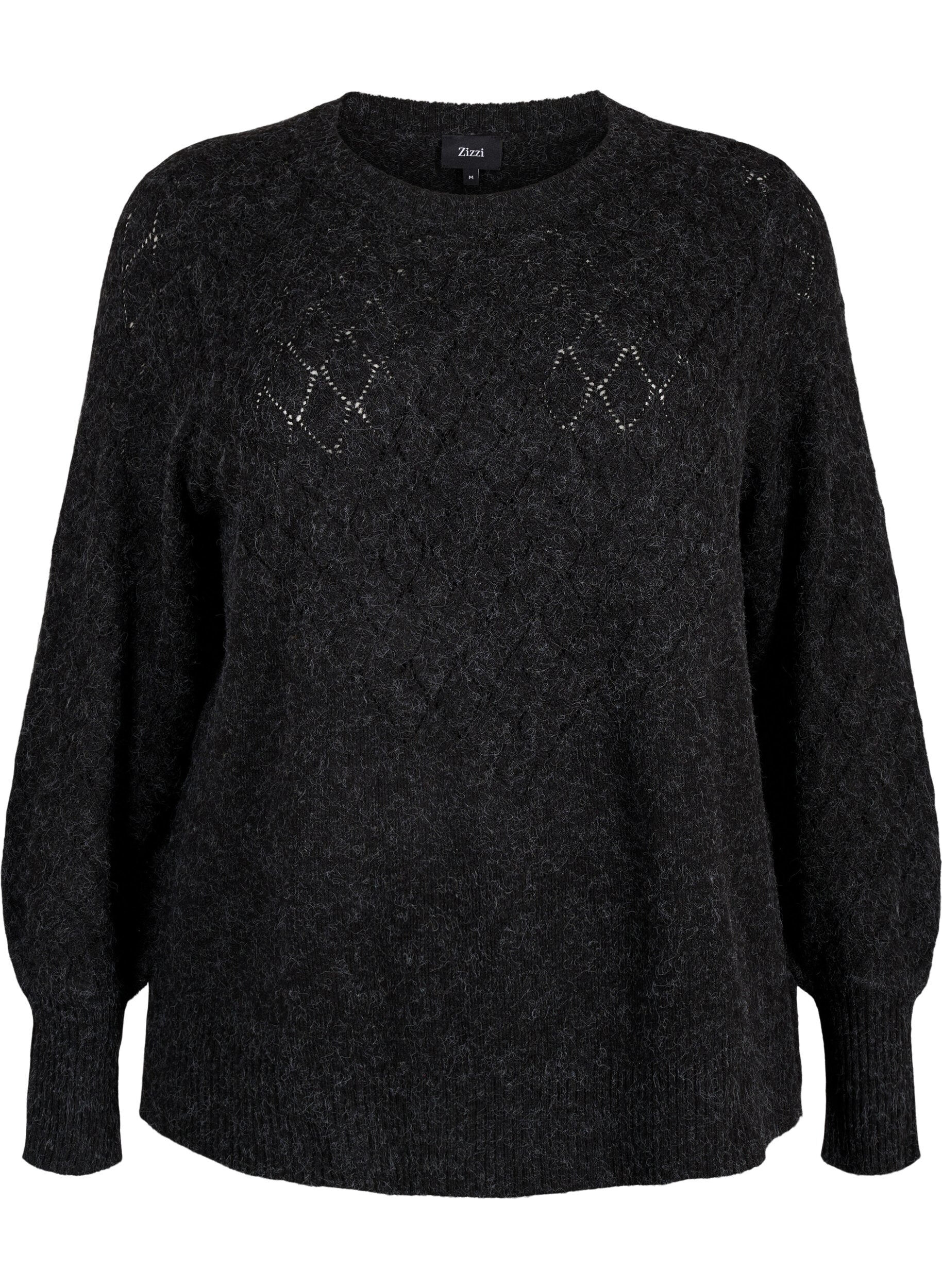 Zizzi Strikbluse med hulm&oslash;nster, Dark Grey Melange, Packshot image number 0