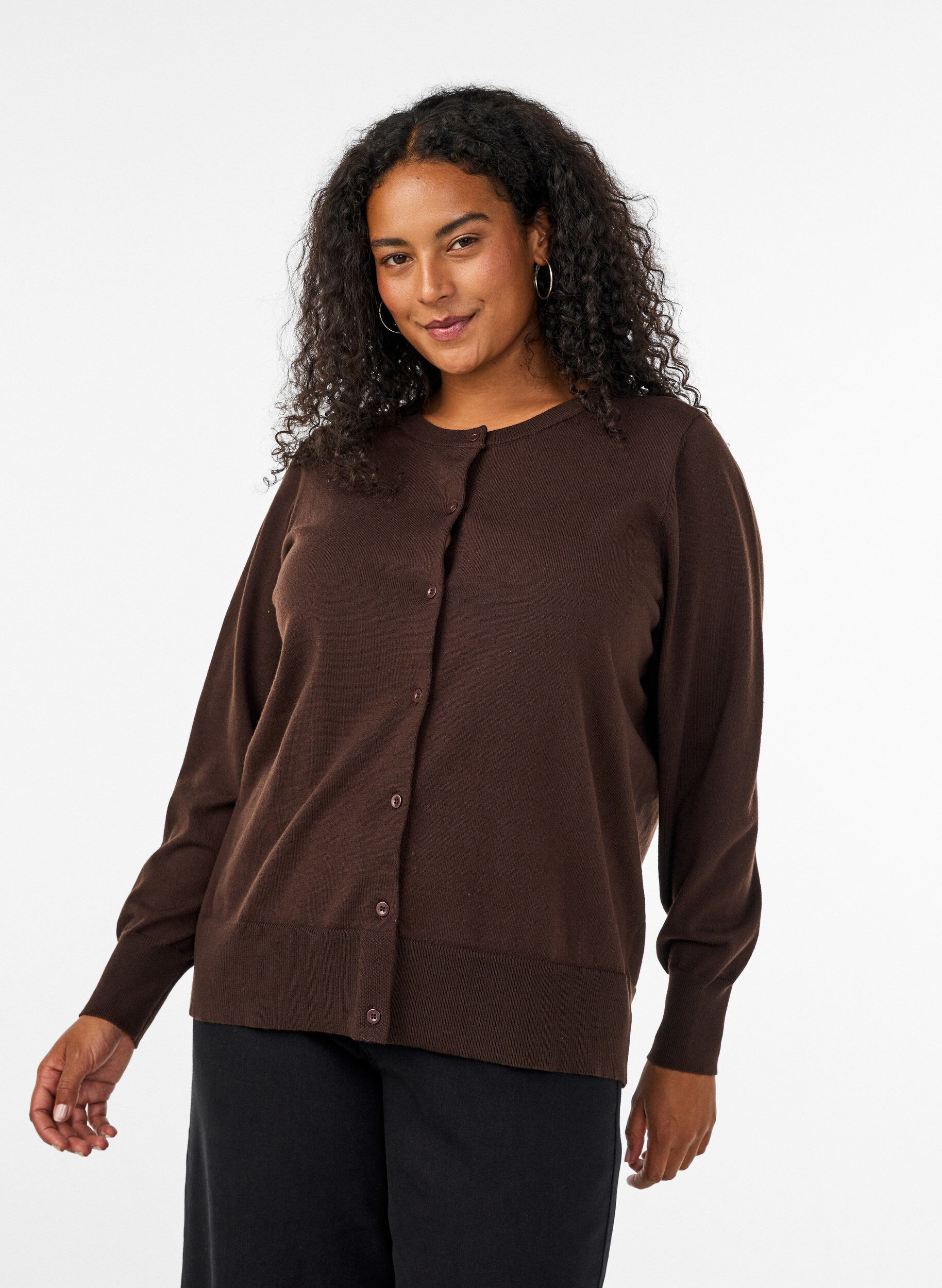 ZizziFinstrikket cardigan med rund hals, Brun, Model image number 0