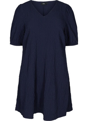 Struktureret kjole med a-form og pufærmer, Evening Blue, Packshot image number 0