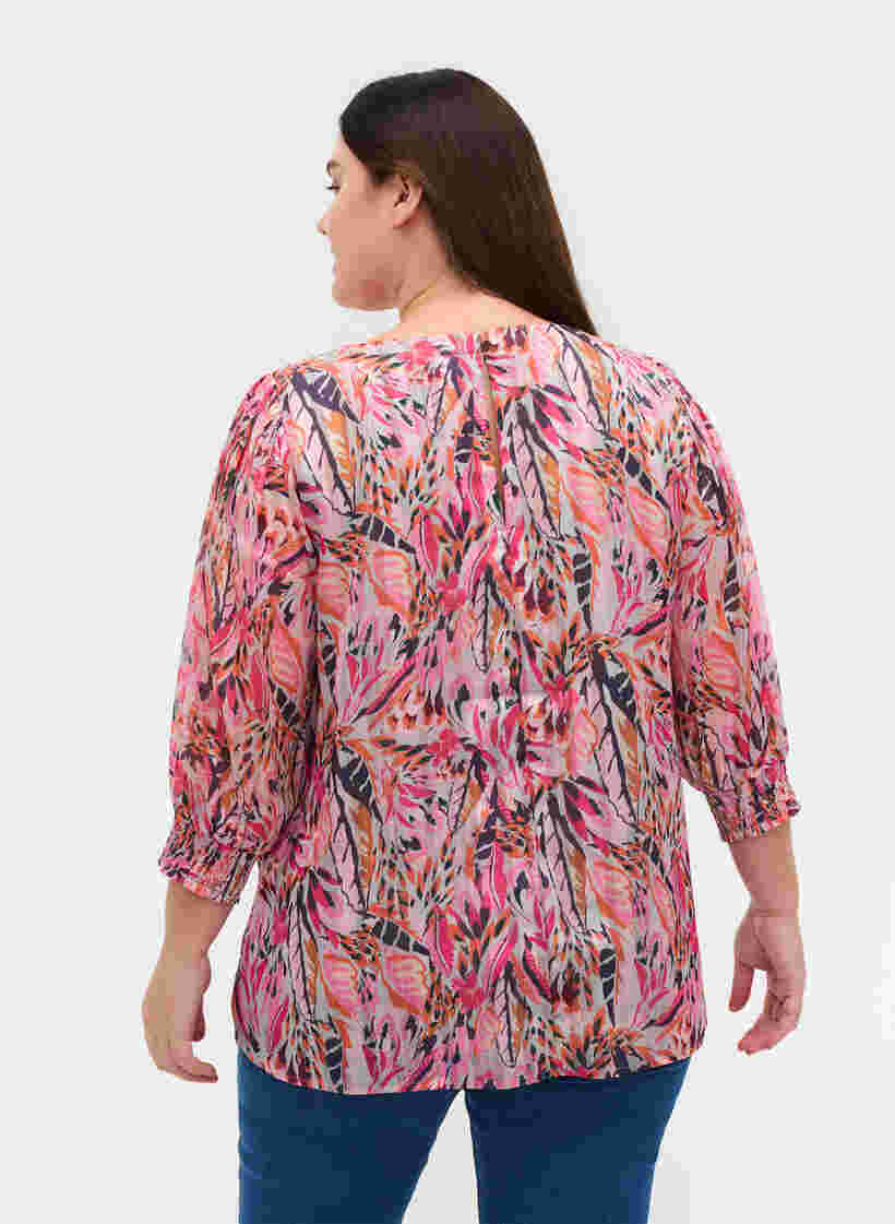 Printet bluse med v-hals og 3/4 ærmer, Pink Feather, Model image number 1
