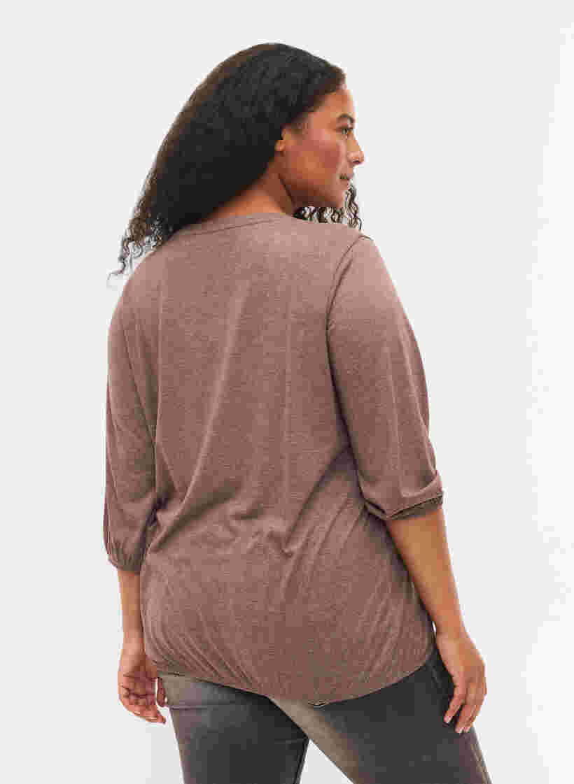 Ensfarvet bluse med 3/4 ærmer, Chestnut Mel., Model image number 1