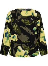 Blomstret bluse med b&aring;dudsk&aelig;ring og brede &aelig;rmer, Sort