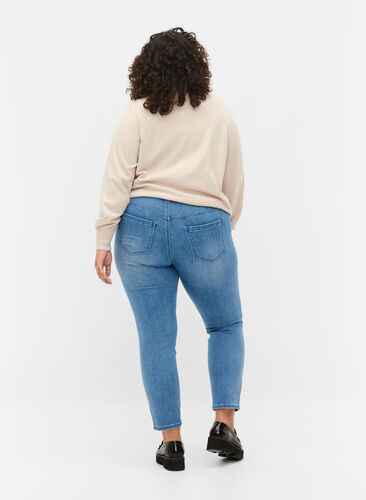 Cropped Emily jeans med broderi, Blue denim, Model image number 1