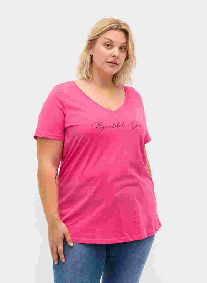 Kortærmet bomulds t-shirt med tryk , Magenta Beautiful, Model
