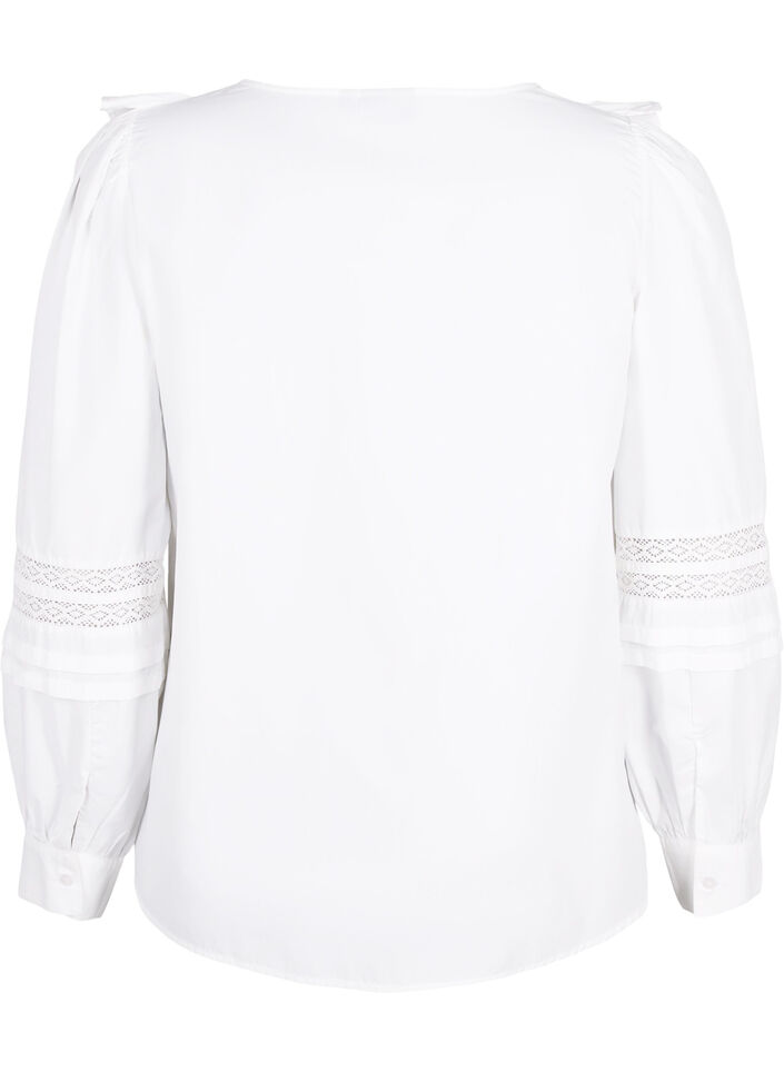 Bluse med flæser og blondebånd, Hvid, Packshot image number 1