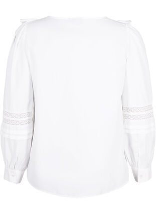 Bluse med flæser og blondebånd, Bright White, Packshot image number 1