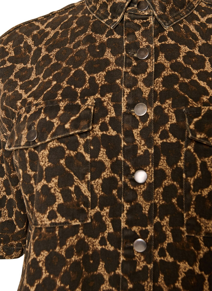 Denimskjorte med leopard m&oslash;nster og korte &aelig;rmer, Brun, Packshot image number 2