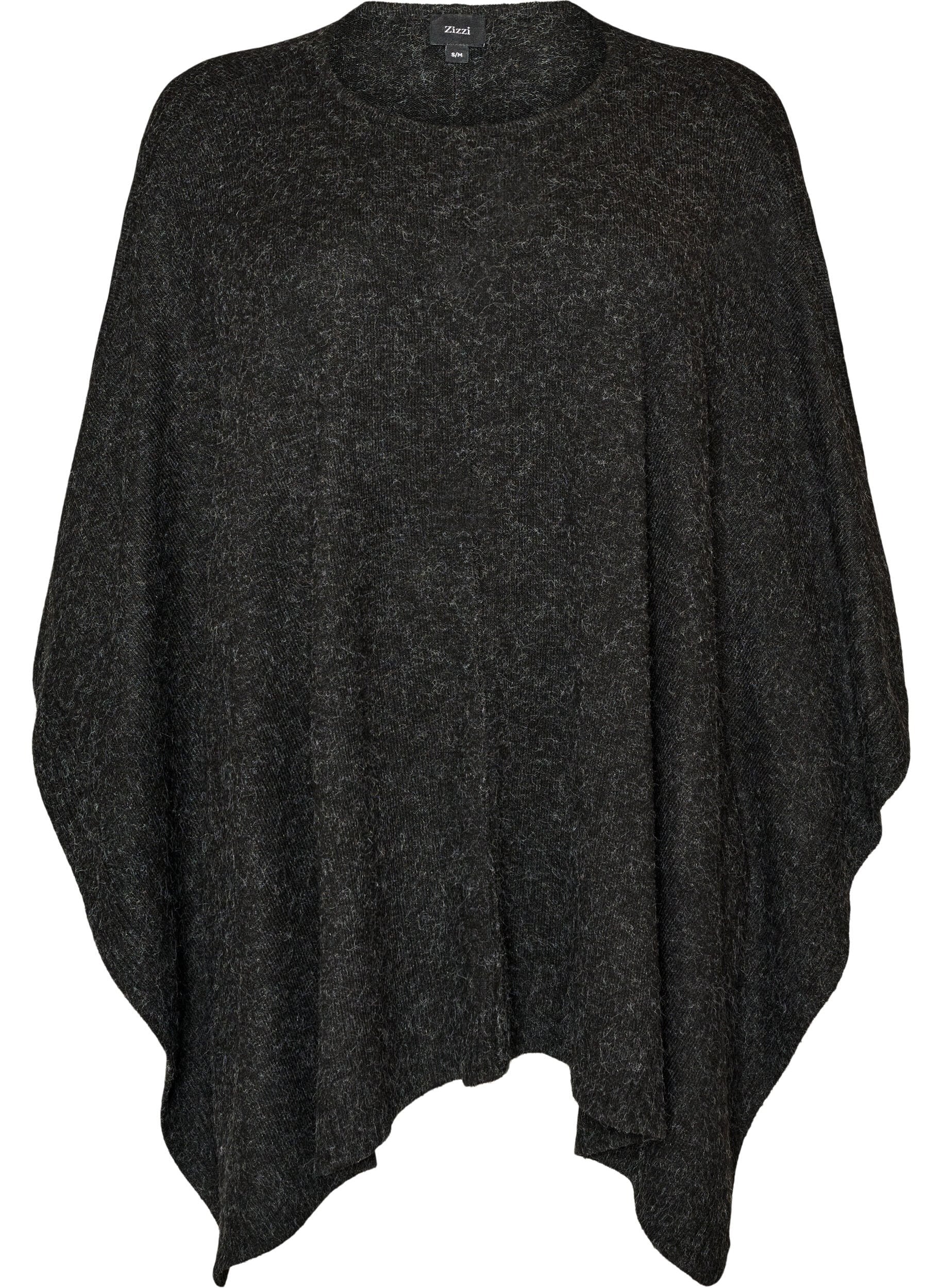 ZizziStrikket poncho med rund hals, Gr&aring;, Packshot image number 0