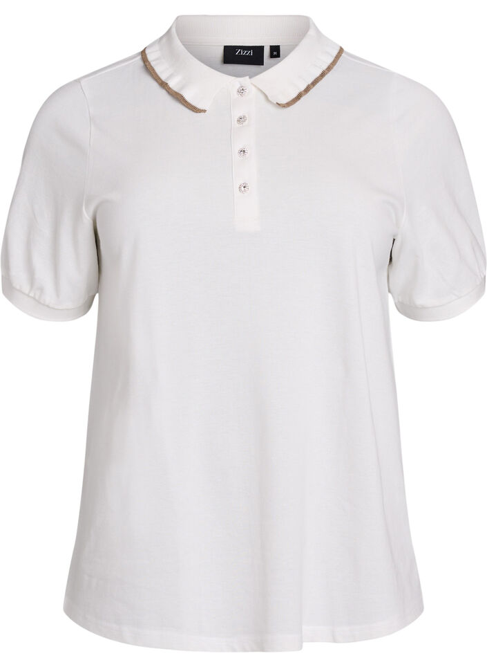 Poloshirt med rhinsten knapper og flæsedetalje, Vanilla, Packshot image number 0