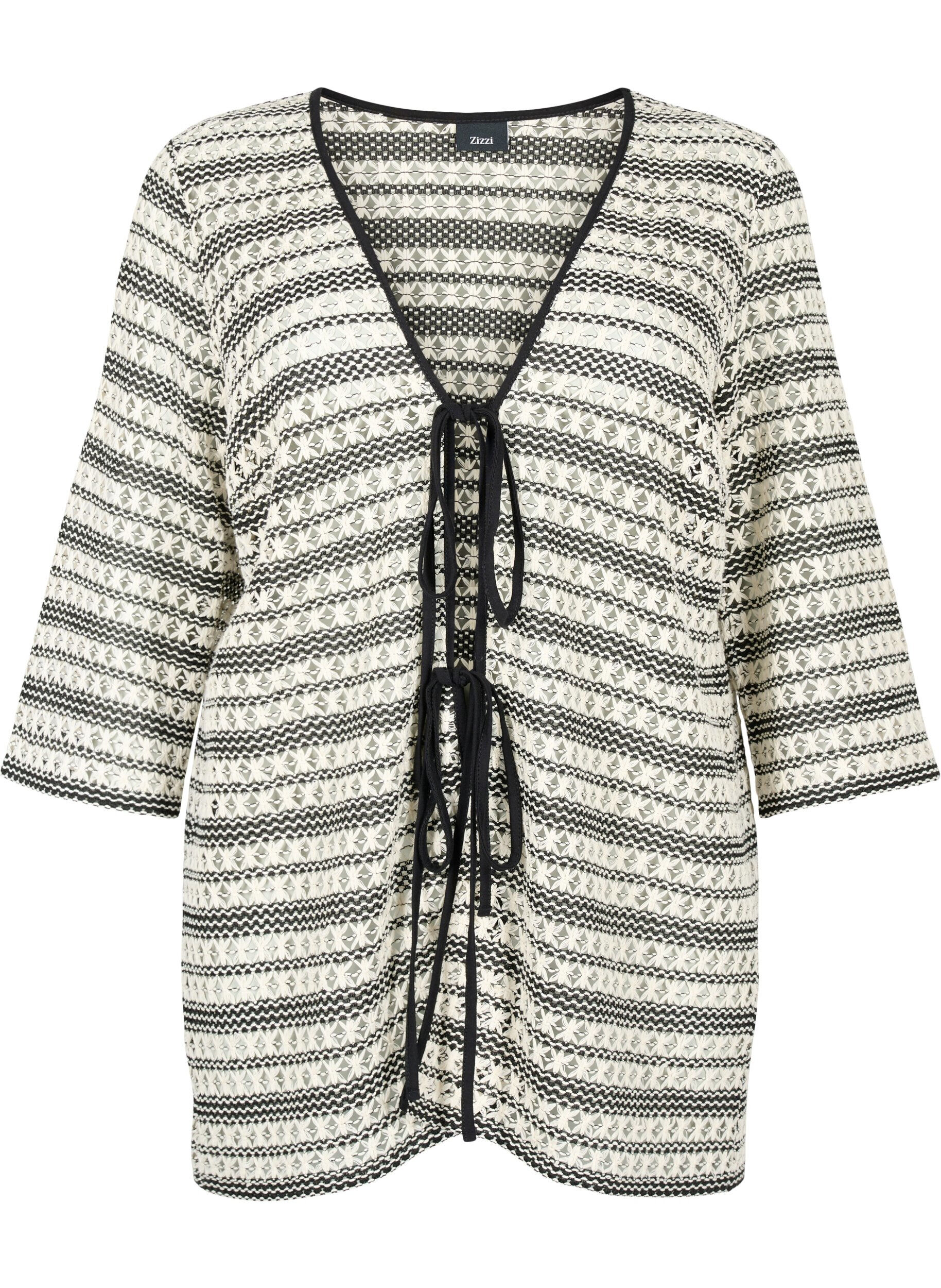 Zizzi H&aelig;klet cardigan med bindeb&aring;nd, Black White, Packshot image number 0