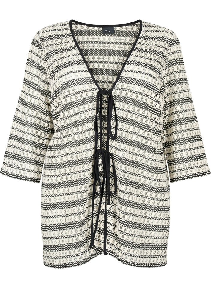 Hæklet cardigan med bindebånd, Black White, Packshot image number 0