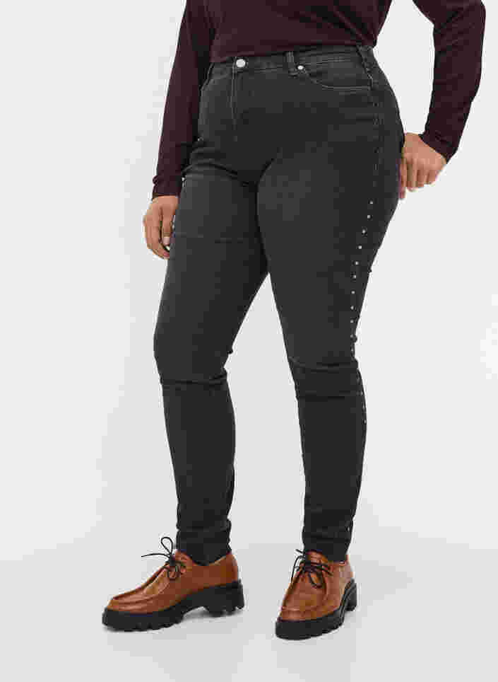 Højtaljede Amy jeans med nitter i sidesøm, Dark Grey Denim, Model image number 2
