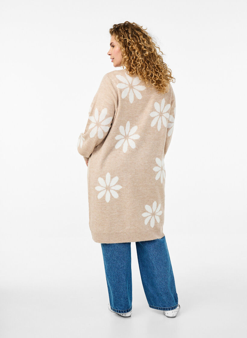 Lang strik cardigan med blomster, Simply Taupe Comb, Model image number 1