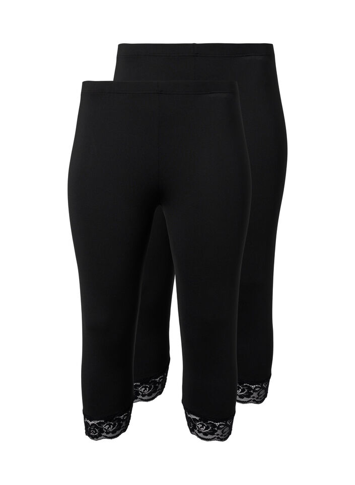 2-pak 3/4 leggings med blondekant, Black / Black, Packshot image number 0