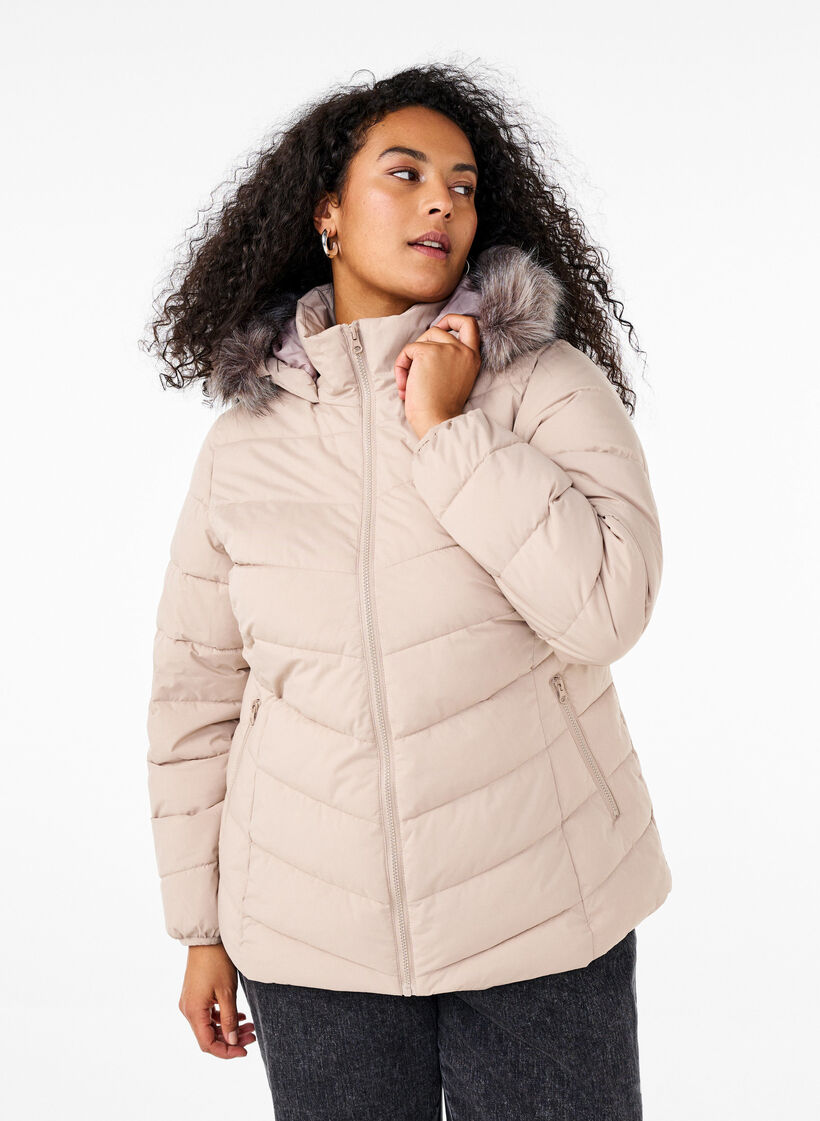 Kort pufferjakke med h&aelig;tte, Beige, Model image number 0