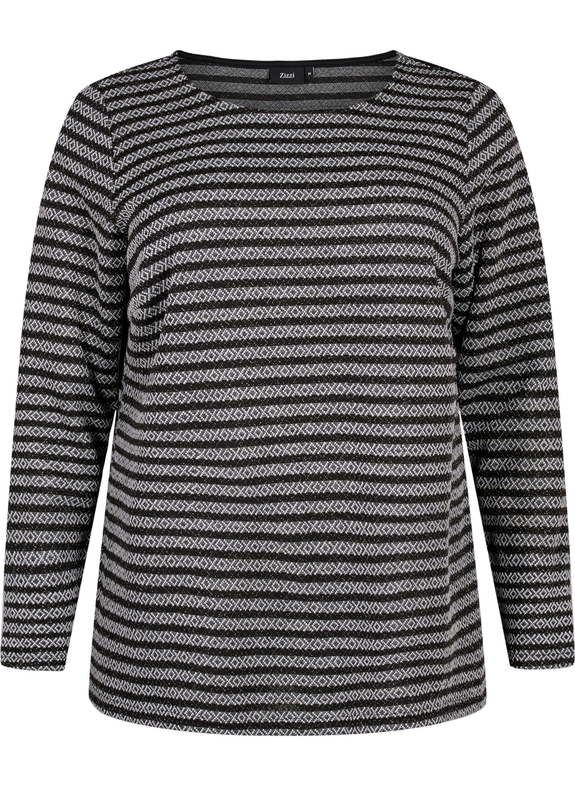 Zizzi Bluse med rund hals og stribet m&oslash;nster, Black Stripe, Packshot image number 0