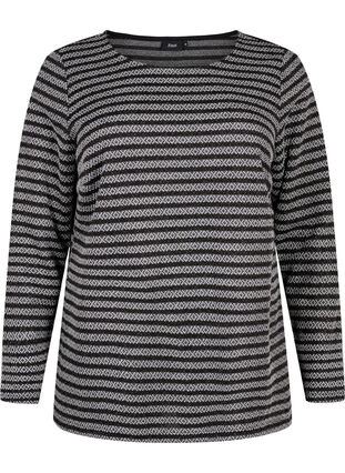 Bluse med rund hals og stribet mønster, Black Stripe, Packshot image number 0