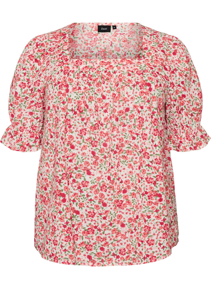 Bluse i bomuld med firkantet udsk&aelig;ring, R&oslash;d, Packshot image number 0