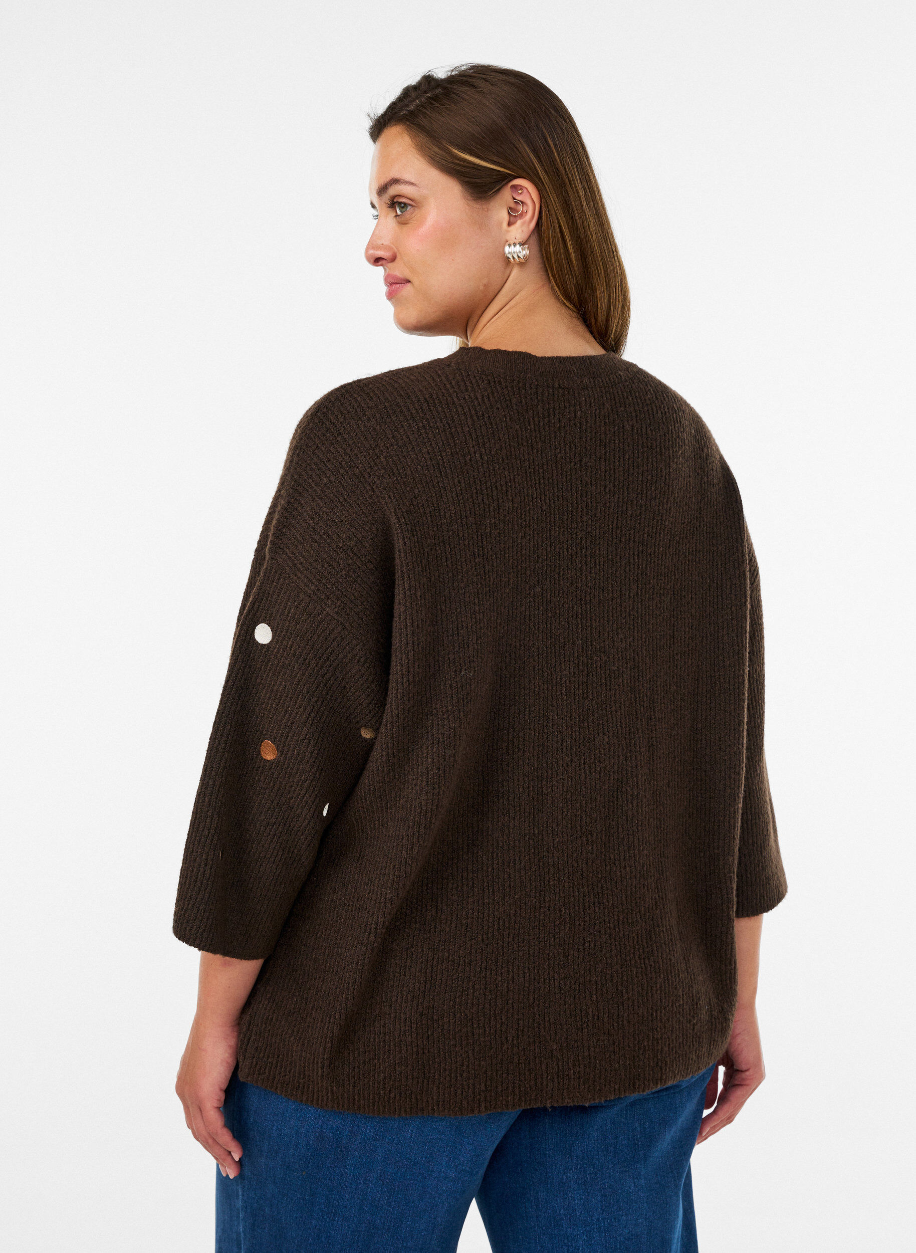 ZizziStrikbluse med sm&aring; broderede motiver, Brun, Model image number 2