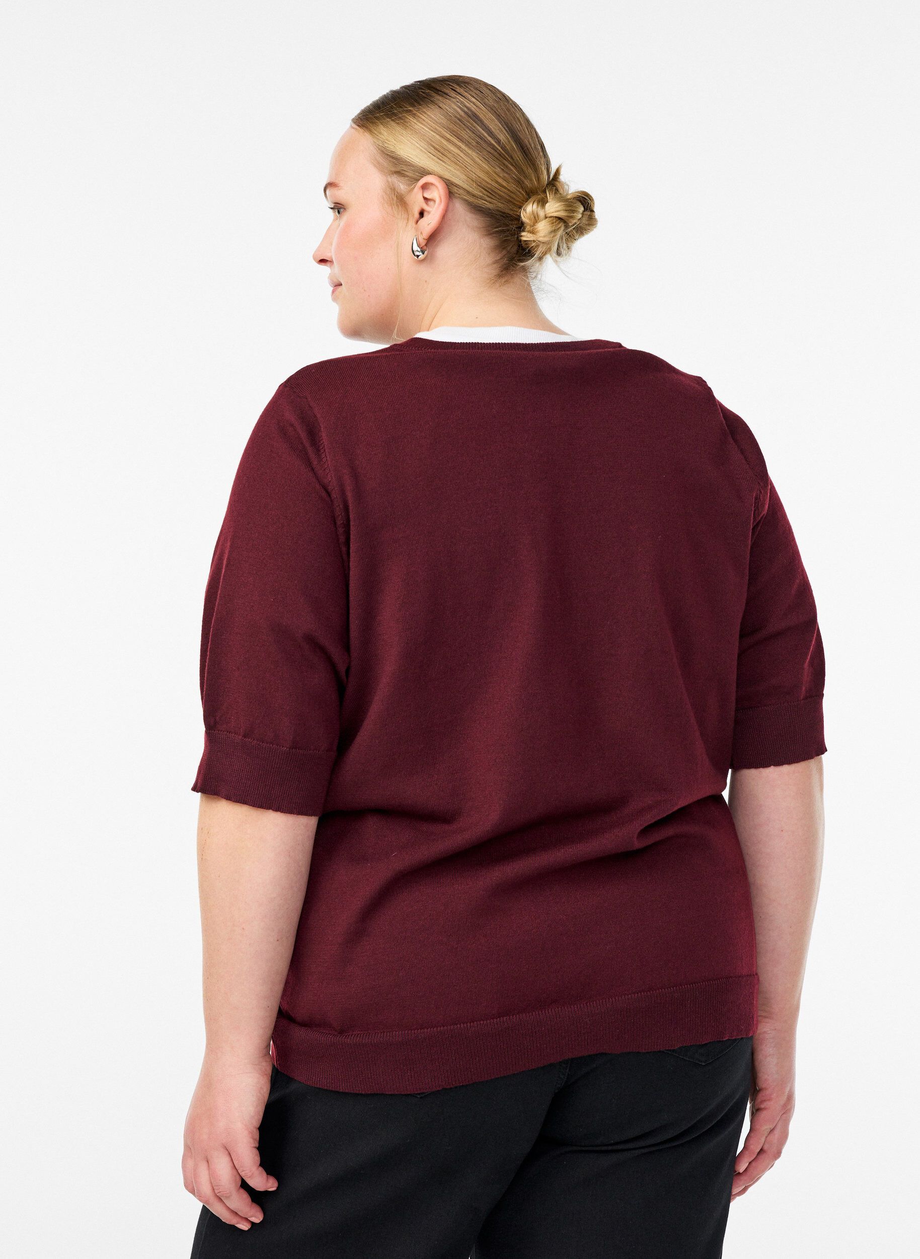ZizziFinstrikket bluse med korte &aelig;rmer, R&oslash;d, Model image number 2