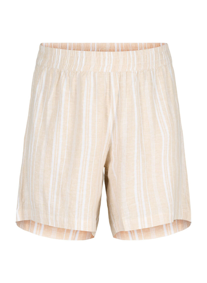 Stribede shorts i hør-viskosemix , Beige, Packshot image number 0