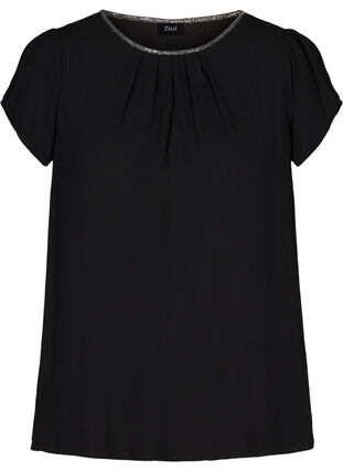 Ensfarvet bluse med korte ærmer, Black, Packshot image number 0