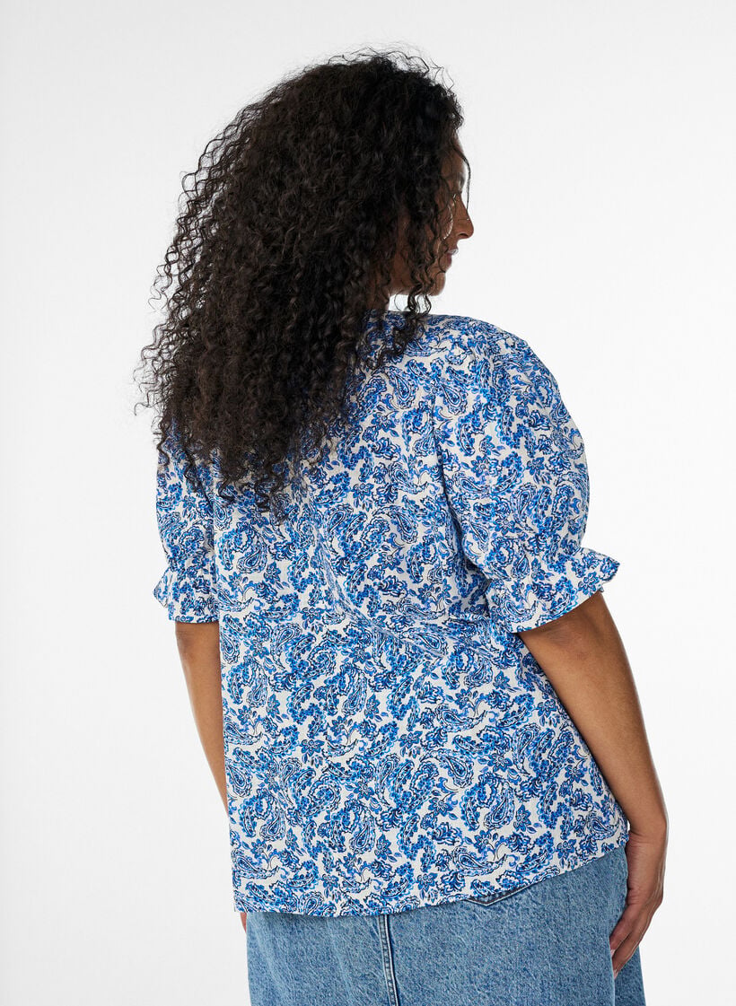 Bluse i bomuld med firkantet udsk&aelig;ring, Bl&aring;, Model image number 2