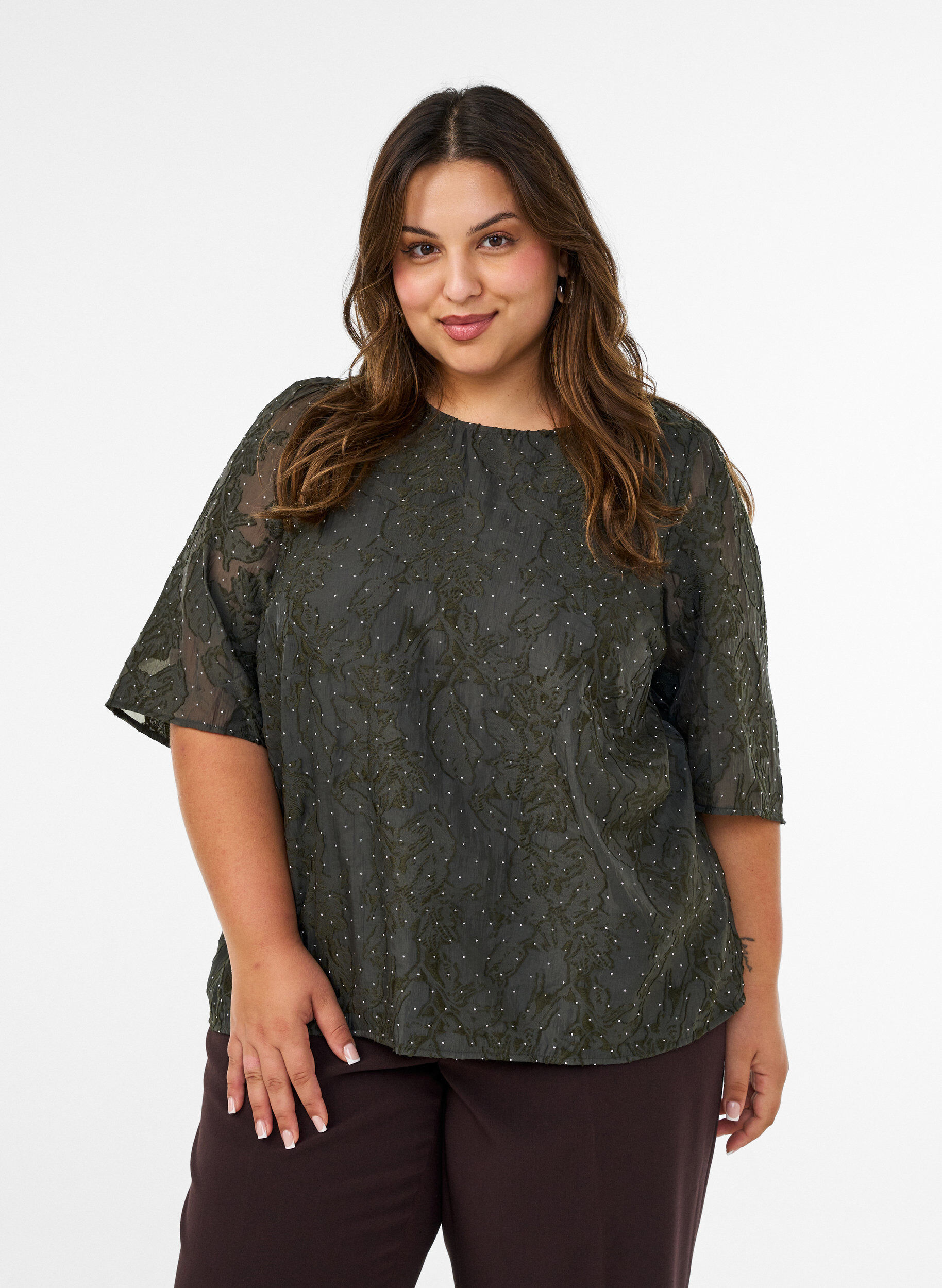 ZizziJacquardbluse med glimtende detaljer og puf&aelig;rmer, Gr&oslash;n, Model image number 0
