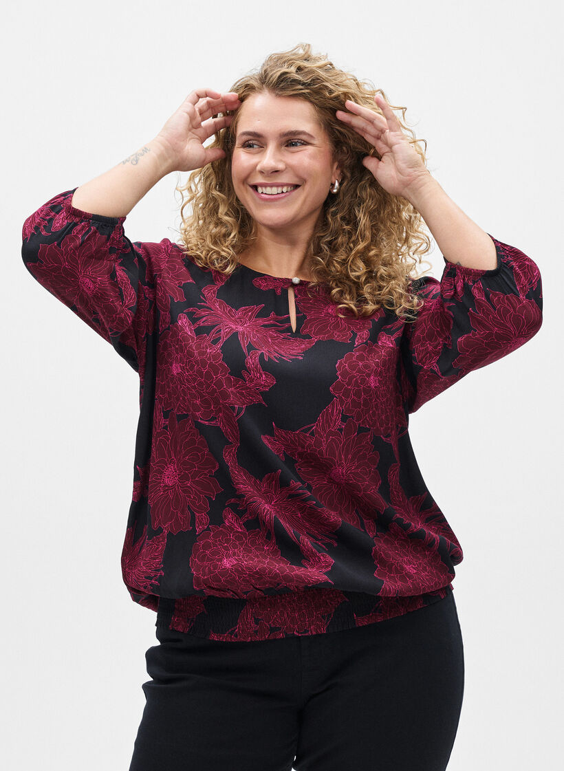 Viskosebluse med blomsterprint og smock, Mørk Bordeaux, Model image number 0