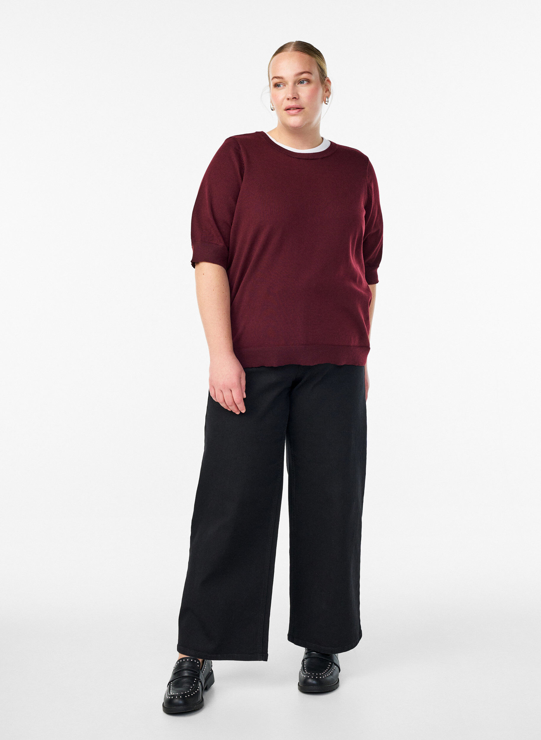 ZizziFinstrikket bluse med korte &aelig;rmer, R&oslash;d, Model image number 1