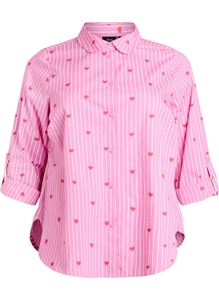 Skjortebluse med striber og hjerter, Lyser&oslash;d, Packshot image number 0