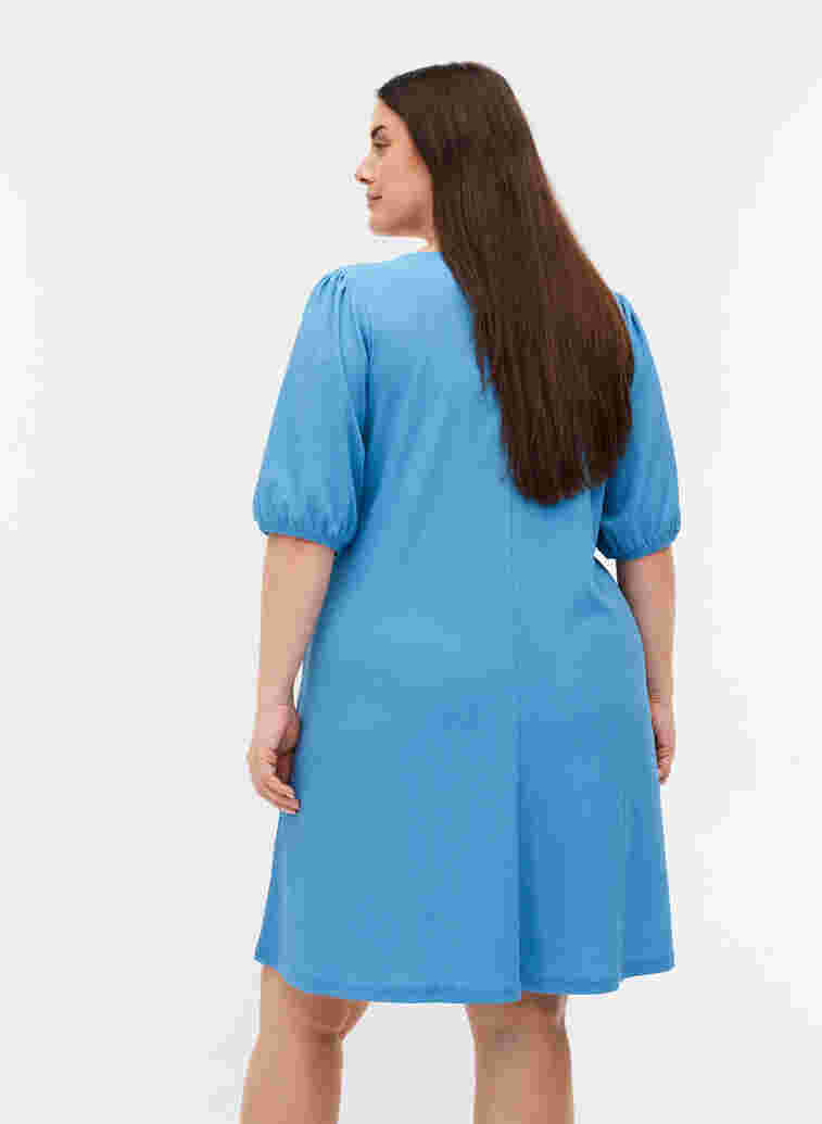 Kjole med pufærmer og v-hals, Azure Blue, Model image number 1