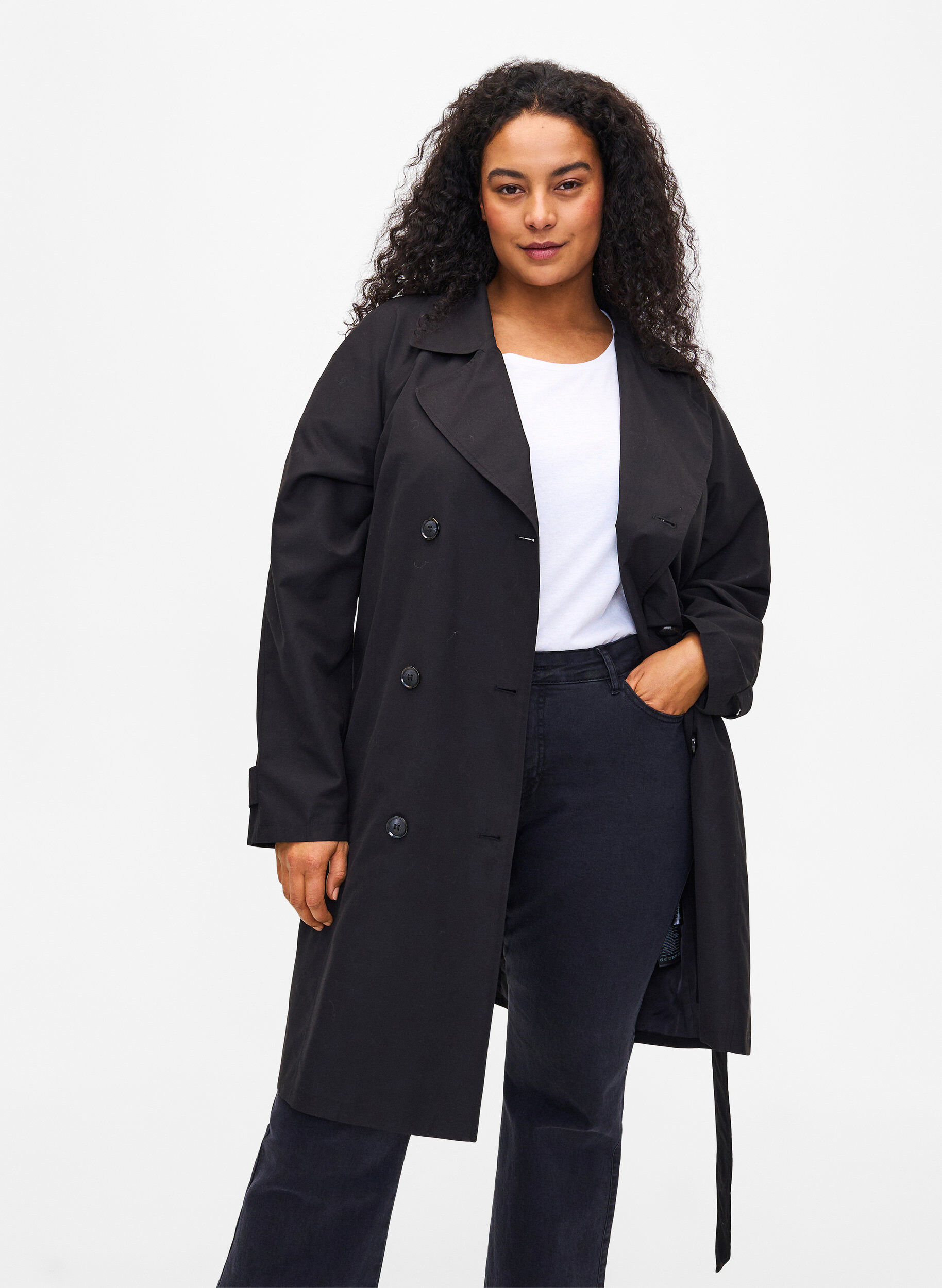 Zizzi Trenchcoat med b&aelig;lte og slids, Black, Model image number 0
