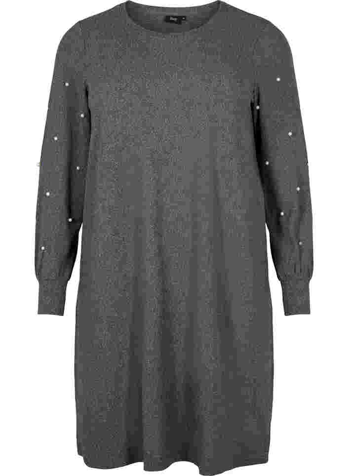 Langærmet kjole med perledetaljer, Dark Grey Melange, Packshot image number 0