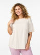Kort&aelig;rmet v&aelig;vet bluse med rund hals, Beige, Model image number 0
