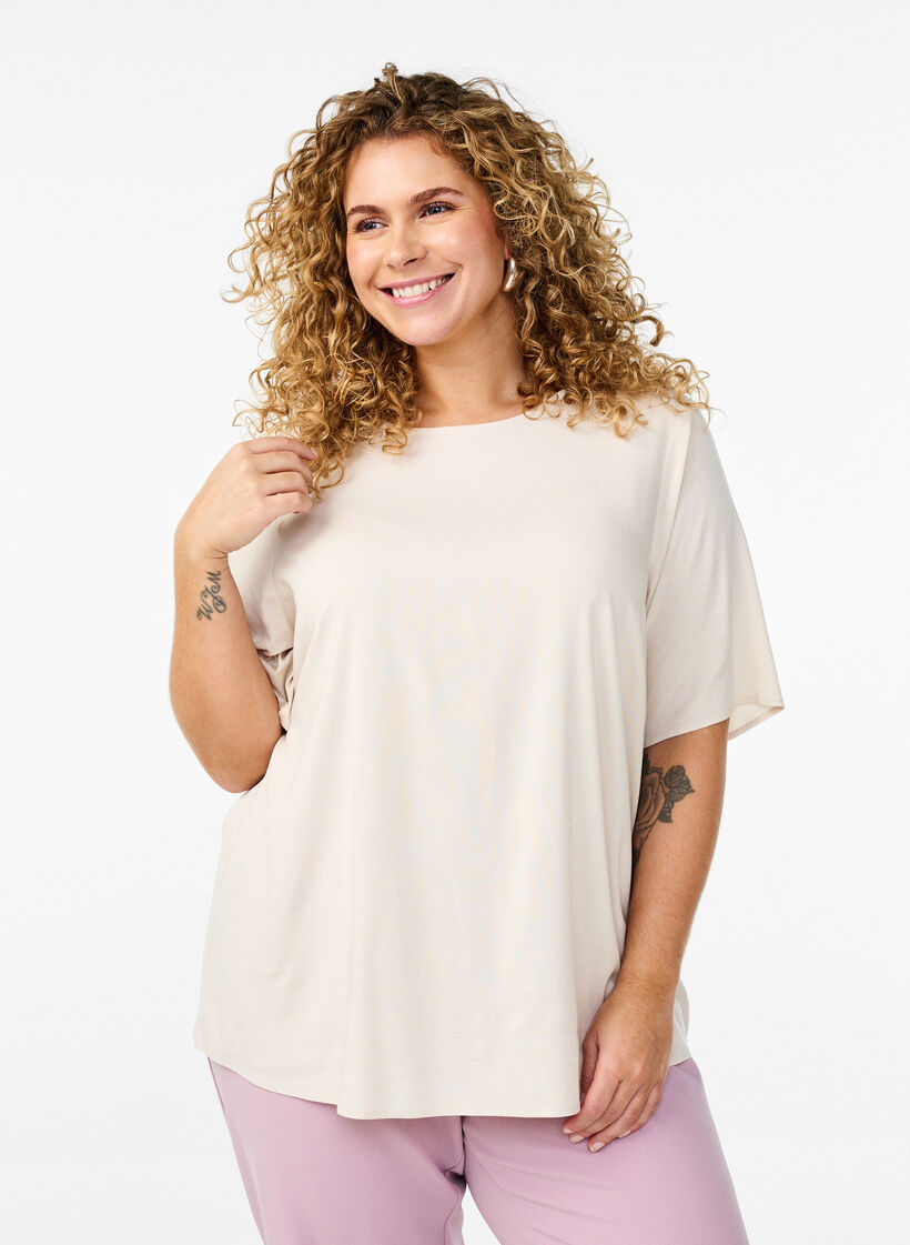 Kort&aelig;rmet v&aelig;vet bluse med rund hals, Beige, Model image number 0