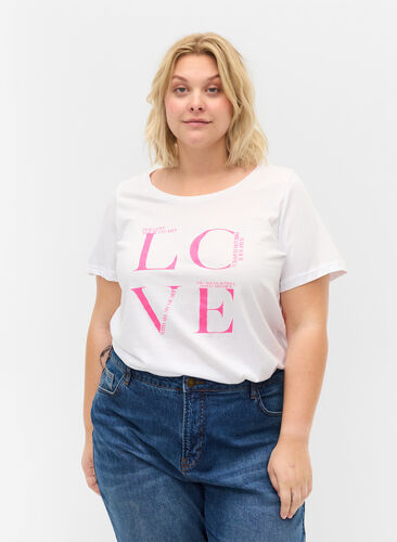 Kortærmet bomulds t-shirt med tryk, Bright White LOVE, Model image number 0