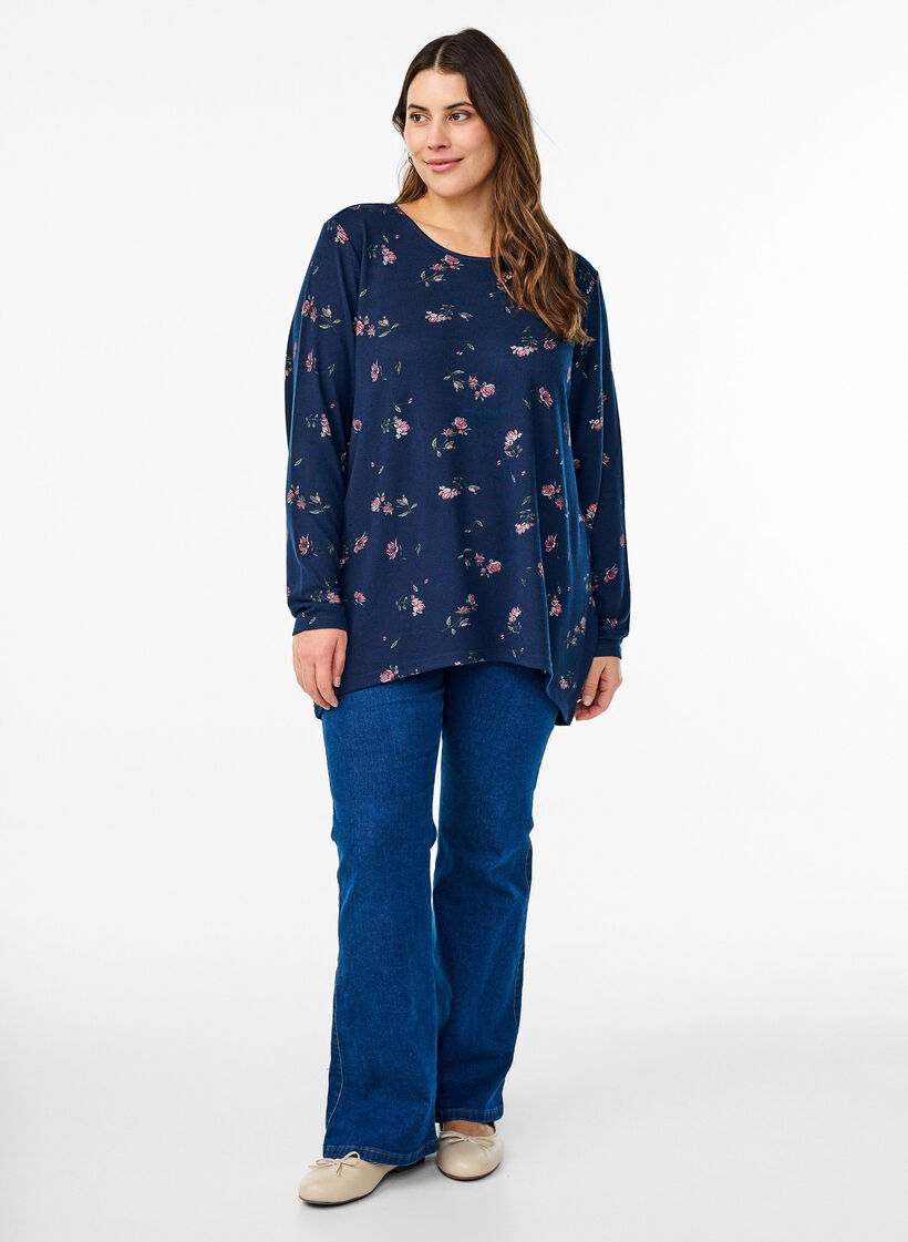 Blomstret bluse med lange ærmer, Blå, Model image number 1