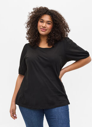 Bomulds t-shirt med 2/4 ærmer, Black, Model image number 0