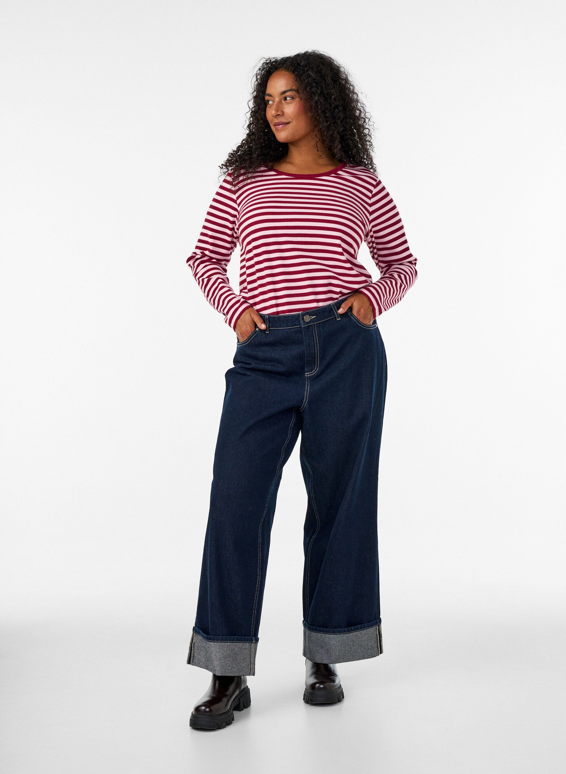 ZizziStribet bluse med lange &aelig;rmer, Lyser&oslash;d, Model image number 1
