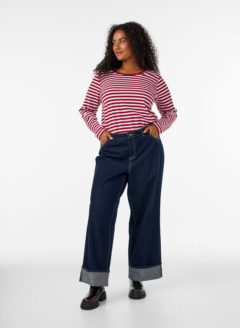 Stribet bluse med lange &aelig;rmer, Lyser&oslash;d, Model image number 1