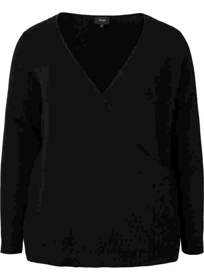 Strikket bluse med wrap , Black, Packshot image number 0