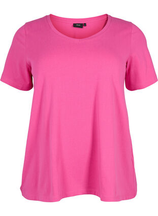 Ensfarvet basis t-shirt i bomuld, Raspberry Rose, Packshot image number 0