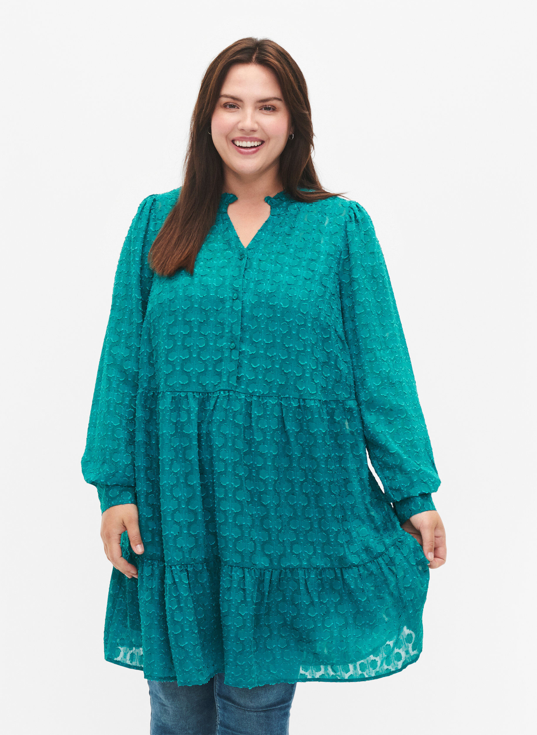 Zizzi Jacquard kjole med fl&aelig;sekrave, Deep Lake, Model image number 0