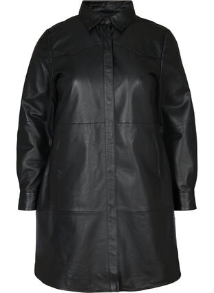 Lang skjortejakke i læder, Black, Packshot image number 0