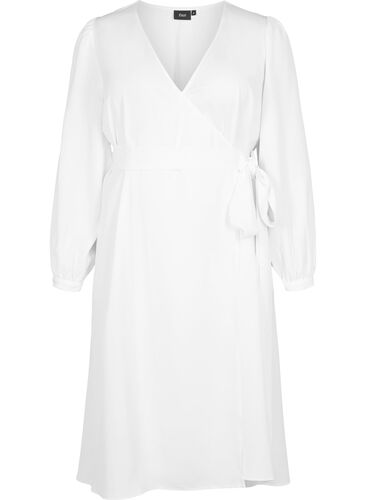 Wrap kjole med lange ærmer, Bright White, Packshot image number 0