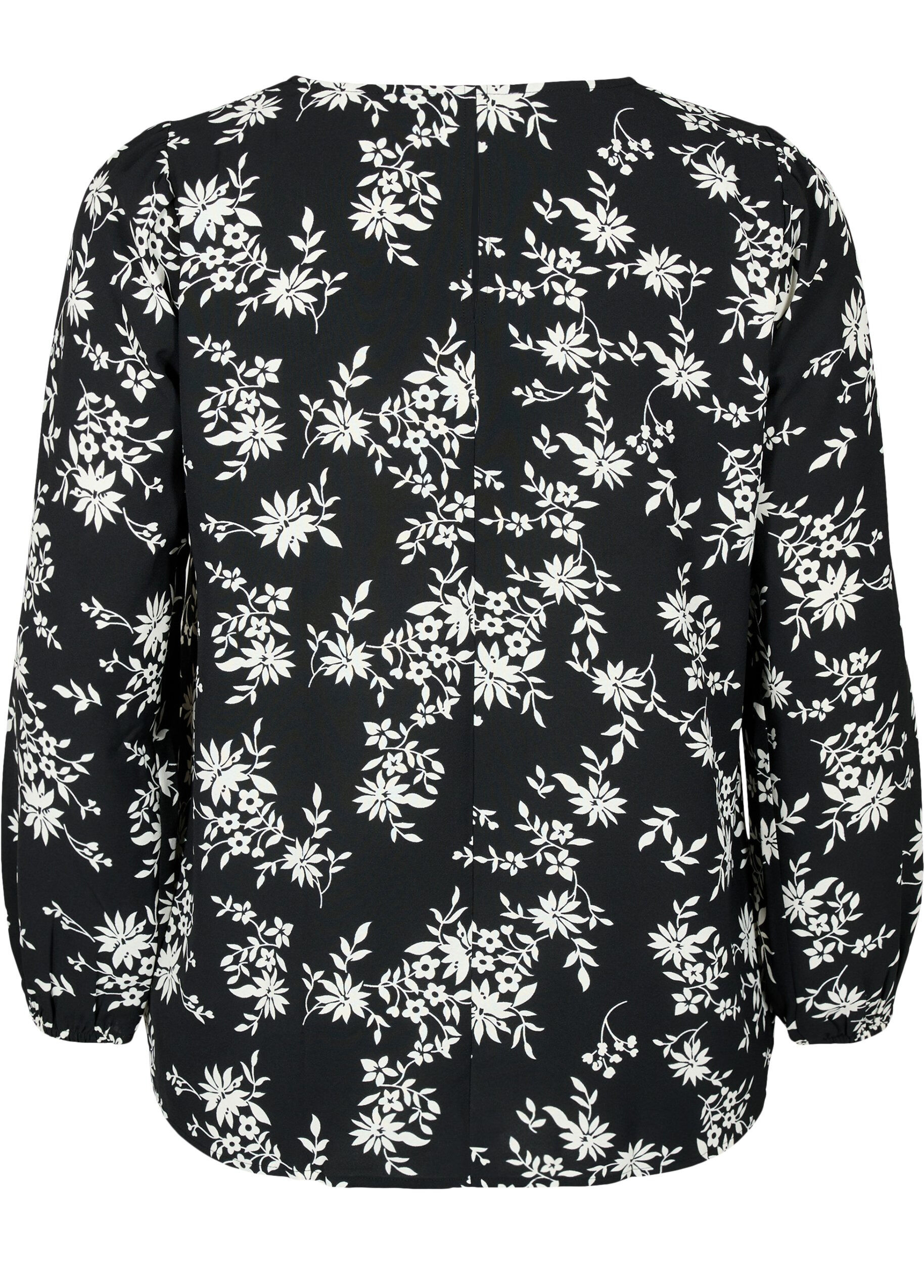 Zizzi Bluse med puf&aelig;rmer, Black Flower AOP, Packshot image number 1